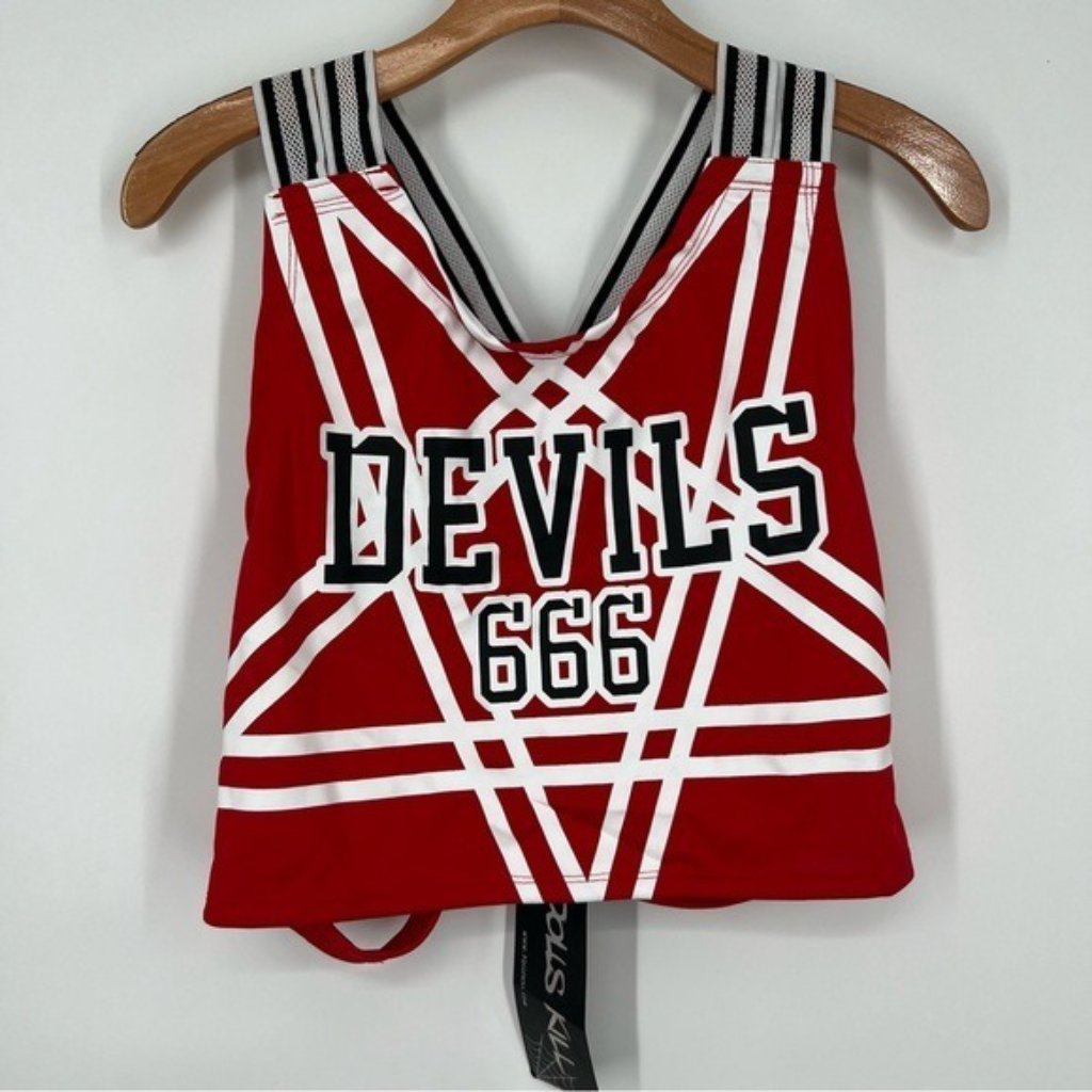 Dolls Kill New Red Devils 666 Cheerleading Cropped Costume Top